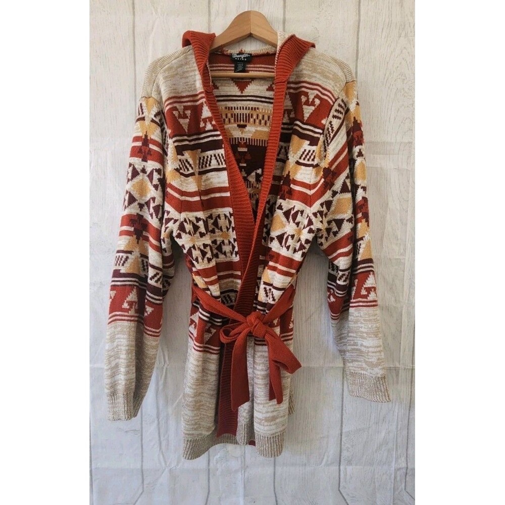 Wrangler Retro Sweater Hooded Cardigan Woman's Large Aztec Print Long Open Belt